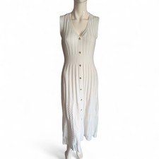 Tahari White Knit Midi Dress L Sleeveless V Neck Gold Button Stretch NEW