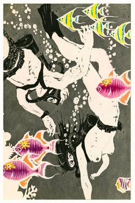 Mid-Century   Scuba Divers & Vibrant Fish Art Print - 24x36  Premium Poster  