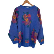 VTG Esprit Sport Women XL 80s Teal Wool Blend Sweater Floral Pattern Jewel Tone