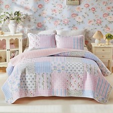 Joyreap Twin Floral Quilt Set, Blue Pink Plaid, Lightweight, 68x88"
