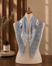 Blue Silk Georgette Scarf, Mulberry Silk Square Paisley Scarf Hand Rolled Hem