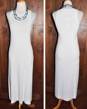 White Midi High Neck A Line Side Slit Knit BodyCon Sexy Tank Dress Boho Style