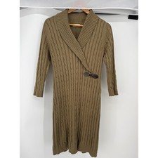 Calvin Klein Cable Knit Sweater Dress Taupe Brown Shawl Collar Buckle Equestrian