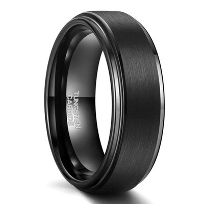 8mm Black Tungsten Ring Brushed Matte Beveled Edge Grooved Wedding Band Men Fit