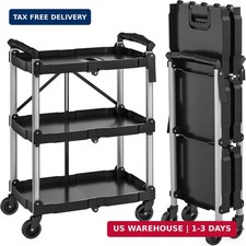 3-Tier Folding Utility Cart with Wheels 2 Brakes , 240lbs  Foldable S