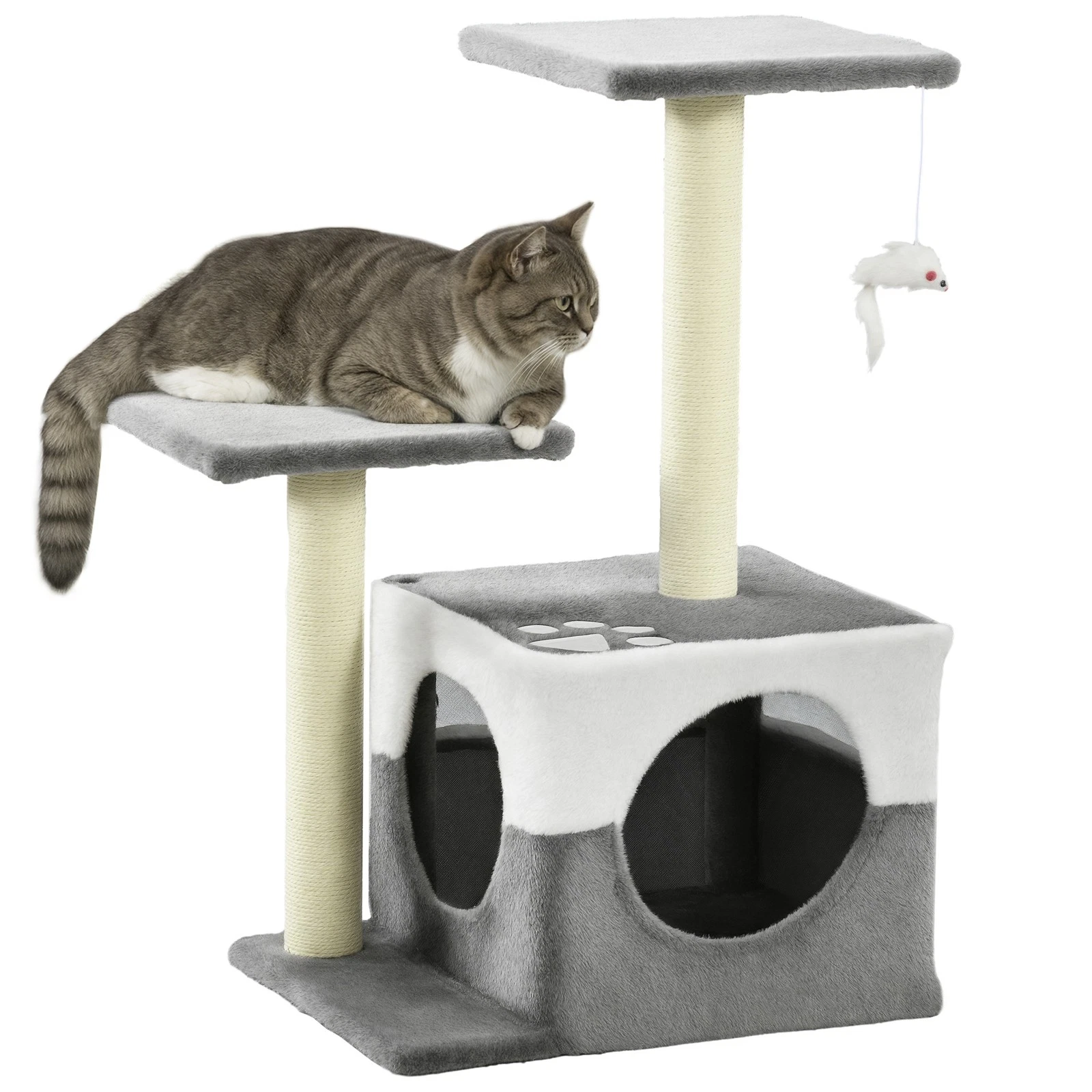 PawHut Cat Tree Tower Kitten House Scratching Post with Mouse Toy Grey