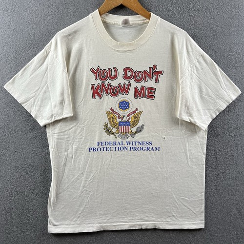 Vintage Witness Protection Program Shirt Mens XL White Single Stitch 90s Funny