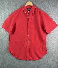 Ralph Lauren Red Linen Silk Short Sleeve Button Down Classic Fit Shirt Large Men