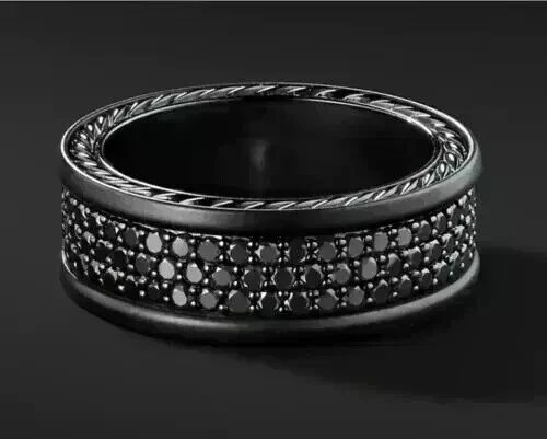 Anillo banda de eternidad para hombre redondo de 3 quilates simulado diamante negro enchapado en oro negro de 14 k Foto 4 de 4