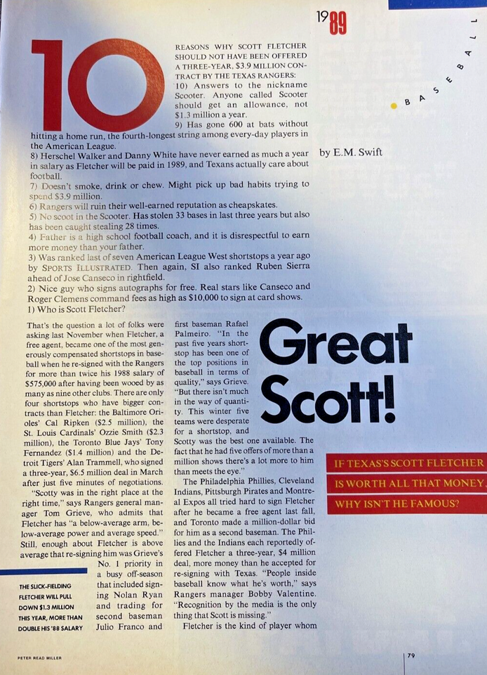 1989 Scott Fletcher Texas Rangers Baseball illustrated | eBay