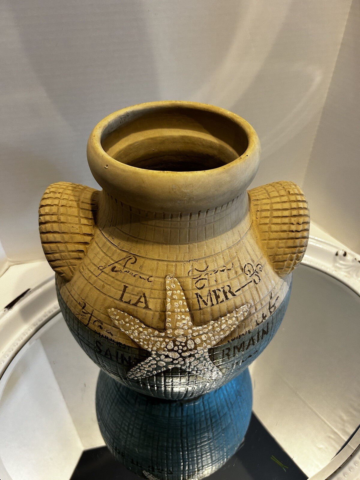 Pier One Pottery Vase Starfish Tropical Beach Condo Decor 2 Handles Summer Home