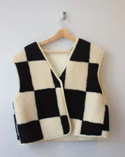 Source Unknown Checker Shearling Vest, Black (Never Worn)