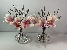 Pink  White Flowers Set In Heavy Glass Vases. Set Of TWO. Approx 13  . Exc Cond.