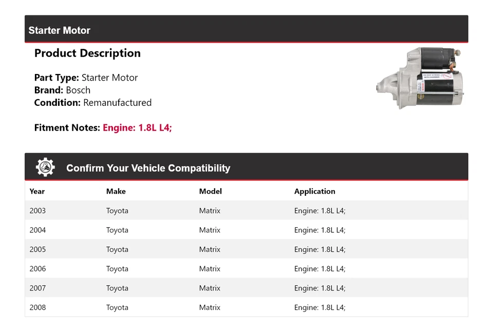 Arranque Bosch 1.8L L4 2003-2008 Toyota Matrix (remanufacturado) 2004 2005 Foto 2 de 4