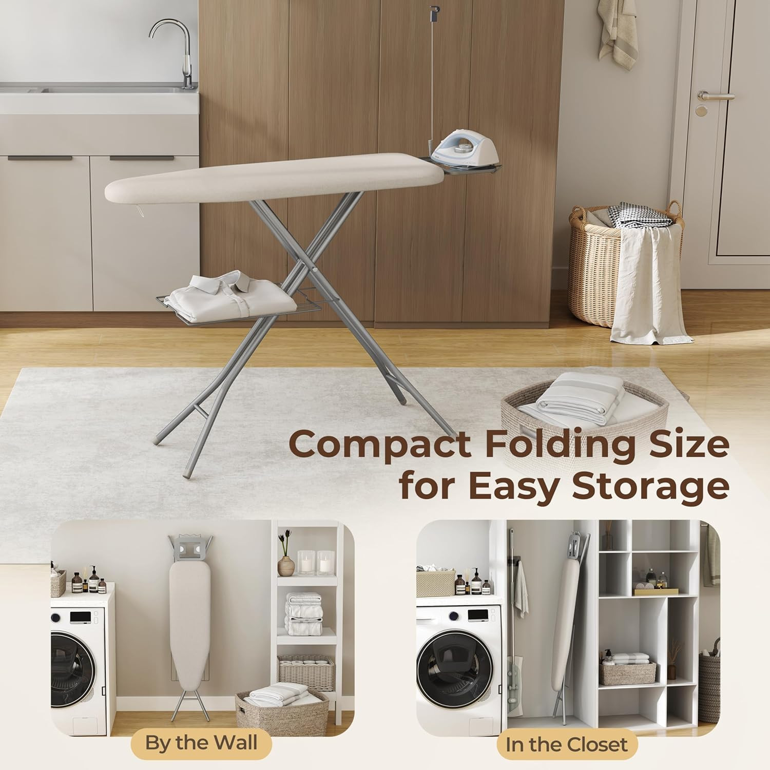 Compact Ironing Board with Cord Holder & Adjustable Heights, Beige 52x14