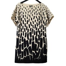 Tahari ASL Arthur S Levine Dress 4 Black Cream Print Shift Short Sleeve Career