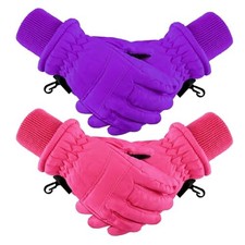 2 Pairs Kids Winter Ski Gloves Waterproof Warm 3 - 6 Years Violet, Rose Red