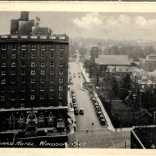 c1920s Windsor ON Prince Edward Hotel Postcard Aerial Ouellette Avenue Vtg Cars