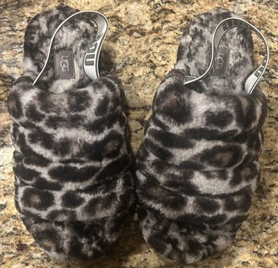 UGG Women's Fluff Yeah Slide Snow Leopard Gray Panther Print Slipper 1120903