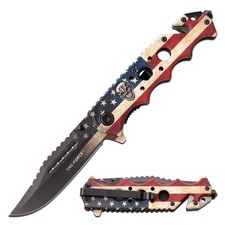 Cuchillo asistido por resorte Tac-Force con mango de ilustraciones de bandera de EE. UU., cortador y rompevidrios