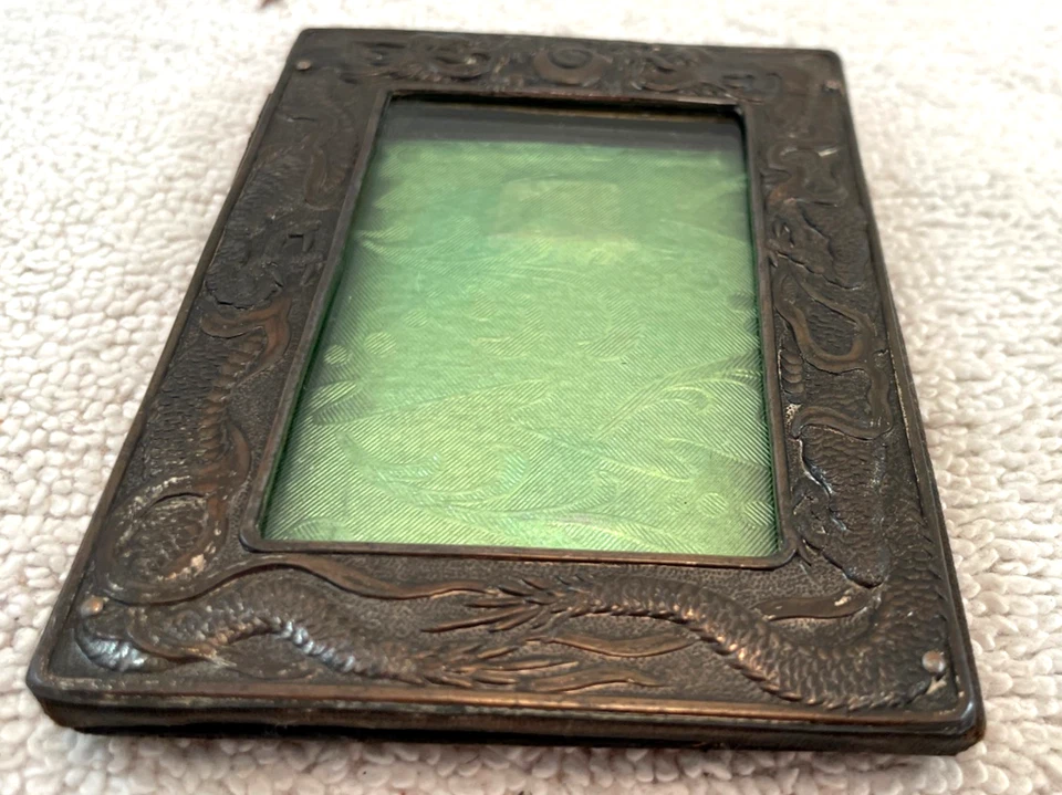 VTG 1920s Dragon Embossed Bronze Picture Frame w/ Glass Wall Decor 4"t - Image 4 of 4