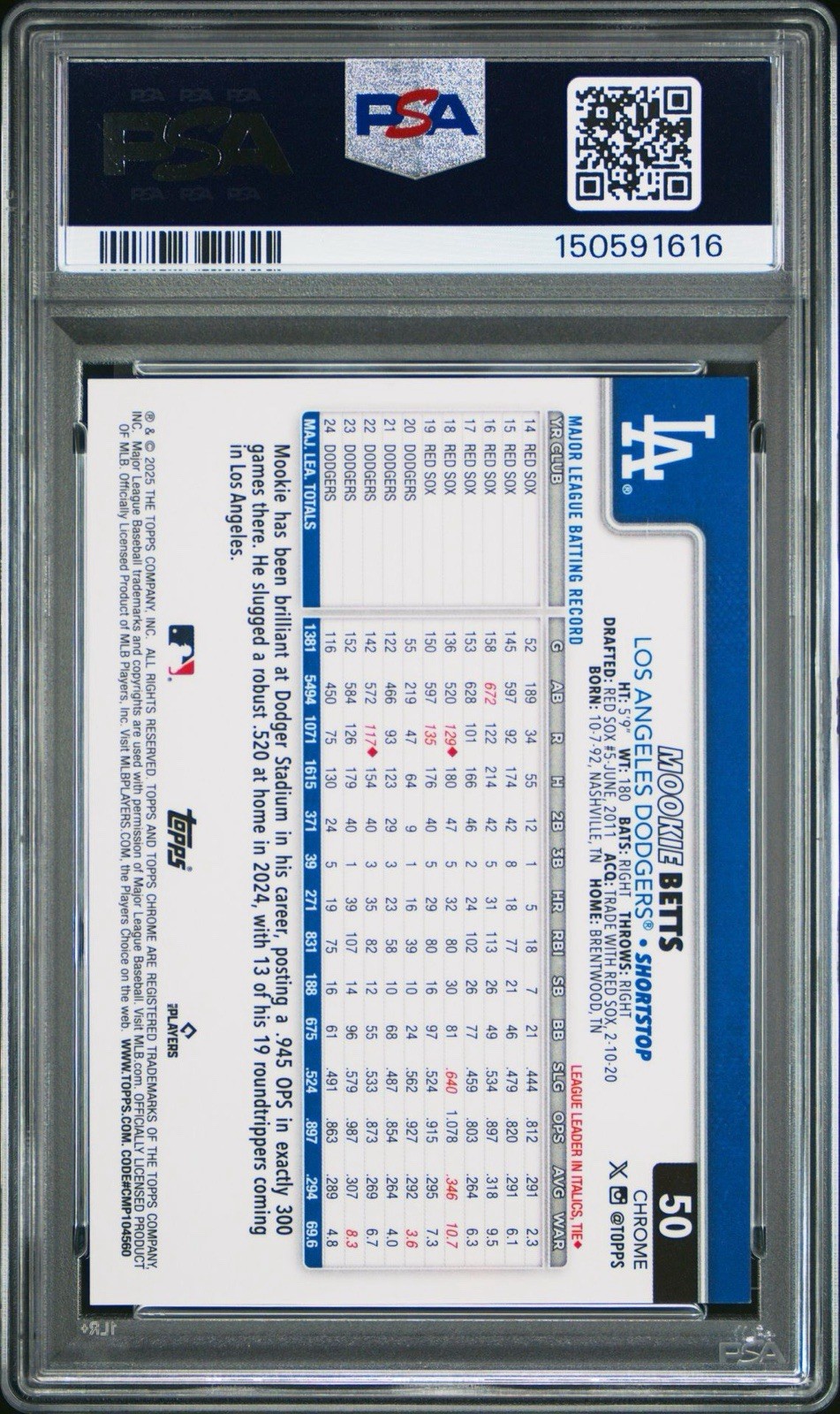 2025 Topps Chrome LE Mookie Betts Image Variation Gold Refractor /50 PSA 8 view 2