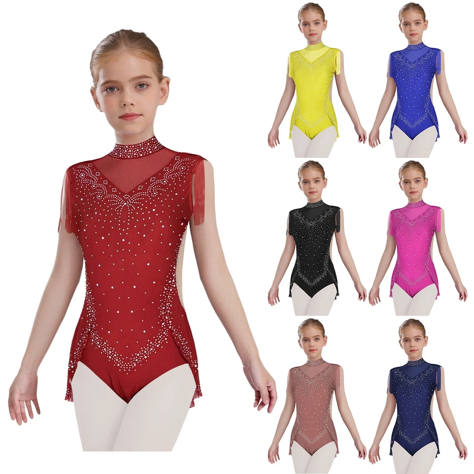 Kids Girls Dancewear Stage Skirts Ice Skating Dress Recital Bodysuit Gymnastic - Image 3 of 4