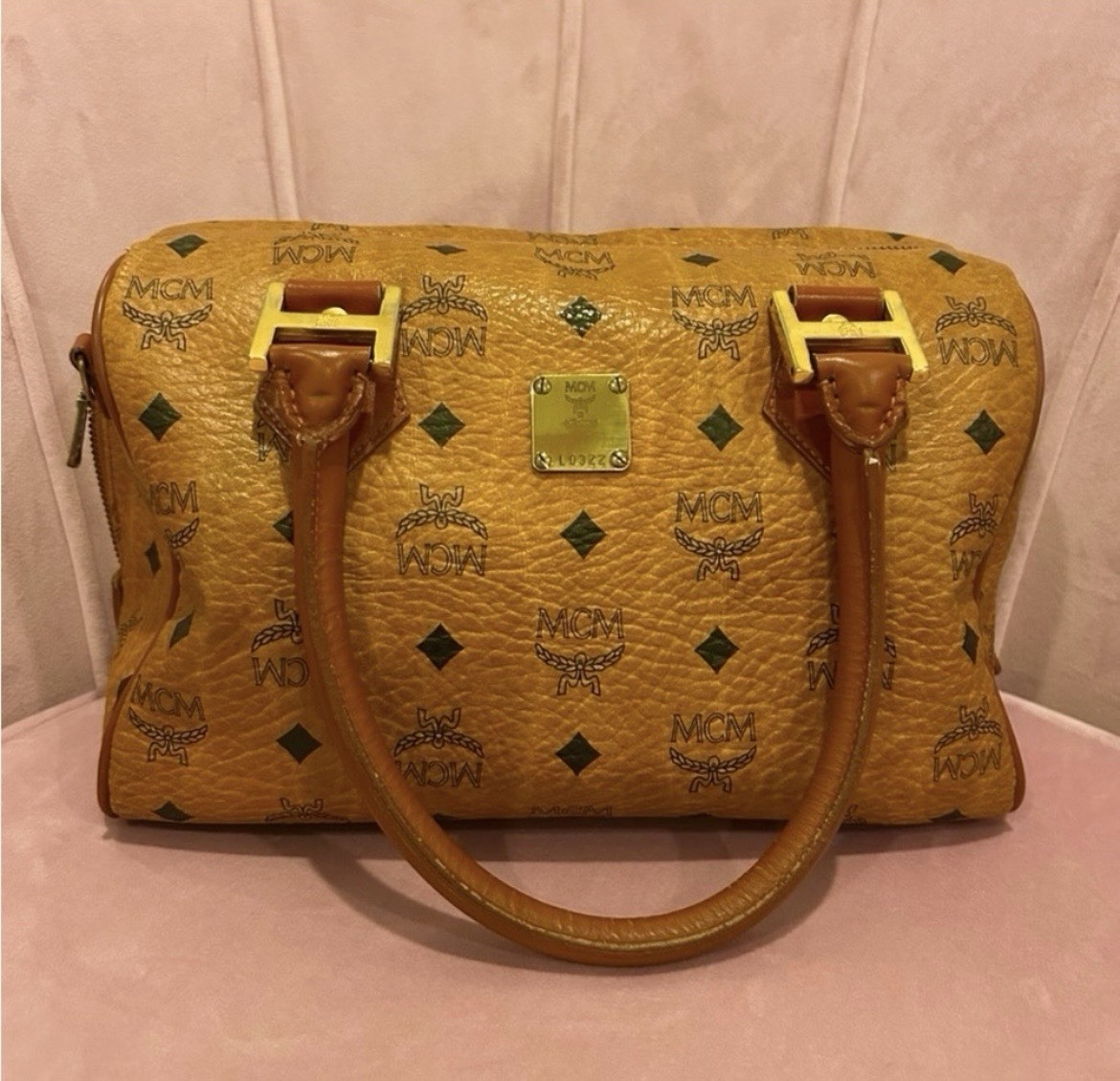MCM Boston Cognac Visetos Monogram Leather Bag