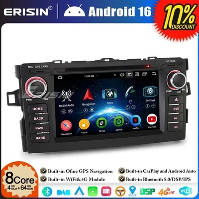 8-Core 64GO Android 16 CarPlay DVD Autoradio DAB+ GPS Navi BT pour Toyota AURIS - Photo 1/4