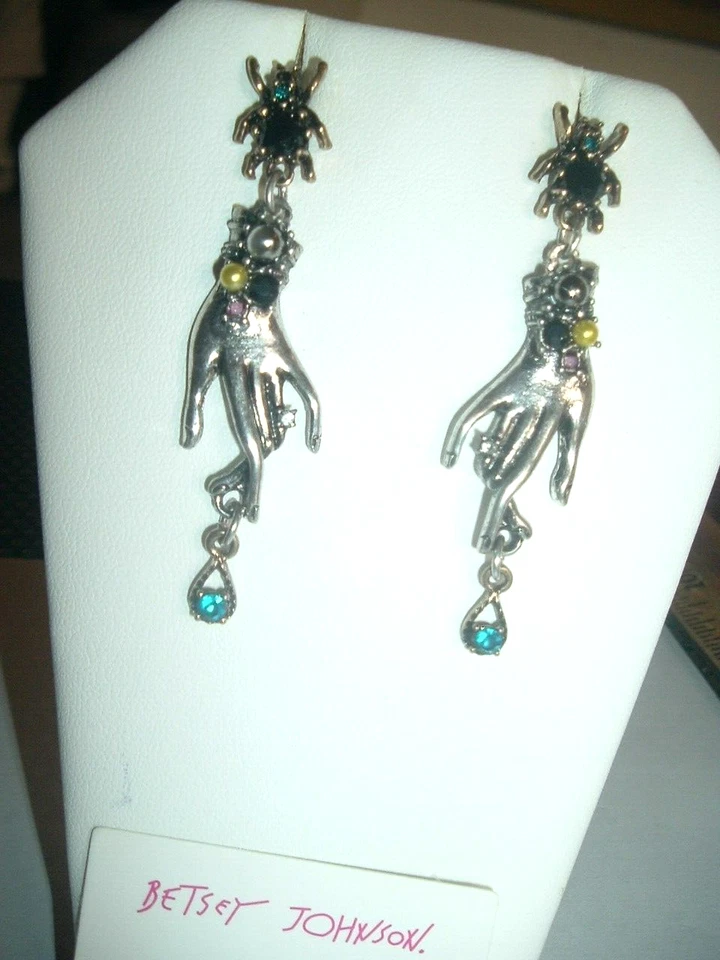 Silver Pearl + Crystal + Bug Dangling Hand Betsey Johnson Pierced Earrings-NWT - Image 3 of 4