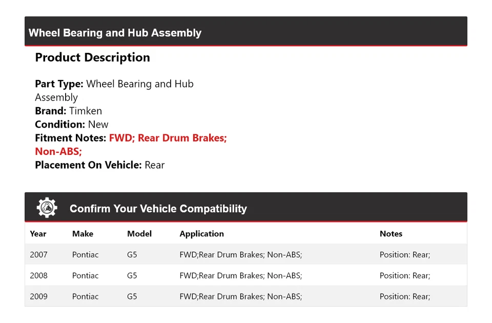 Conjunto de cojinete de rueda y buje trasero Timken 2008 para Pontiac G5 2007-2009 tracción delantera Foto 2 de 4