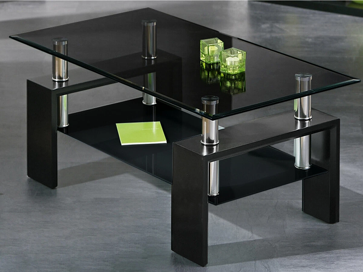 Glass Coffee Table With Storage Rectangle Modern Living Room Furniture Black