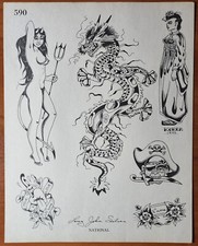 ORIGINAL Vintage 1977 Long John Silver Shop Used National Tattoo Flash Sheet 590