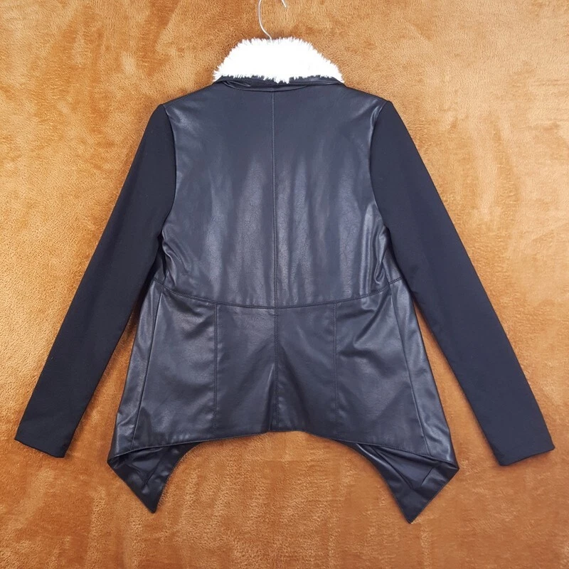 JACK Jacket Womens Small Black Faux Leather Open Draped Sherpa Collar BB DAKOTA - Image 3 of 4