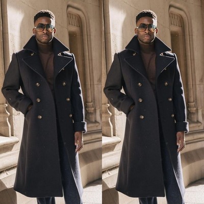 Navy Mens Wool Long Overcoats with Belt Winter Warm Outdoor Wear Business Coat
