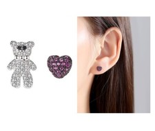 Sterling Silver Asymmetry Crystal Teddy Bear Puff Heart Stud Earrings Gift K70