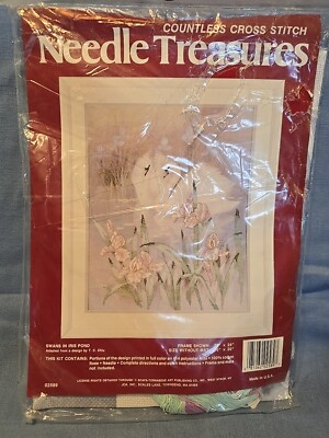 Vintage Swans Iris Pond Printed Counted Cross Stitch Kit Needle Treasures #02589