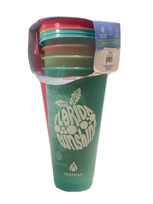 Florida Sunshine Color Changing Reusable 4 Tumblers Lids Straws 24oz Manna NEW