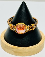 Orange And Black Leather Bracelet With Glass Center Boho 6.75in.