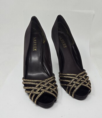 Ralph Lauren BALINA  Satin Jewel Peep Toe Evening Pump Heel Black 8-B 