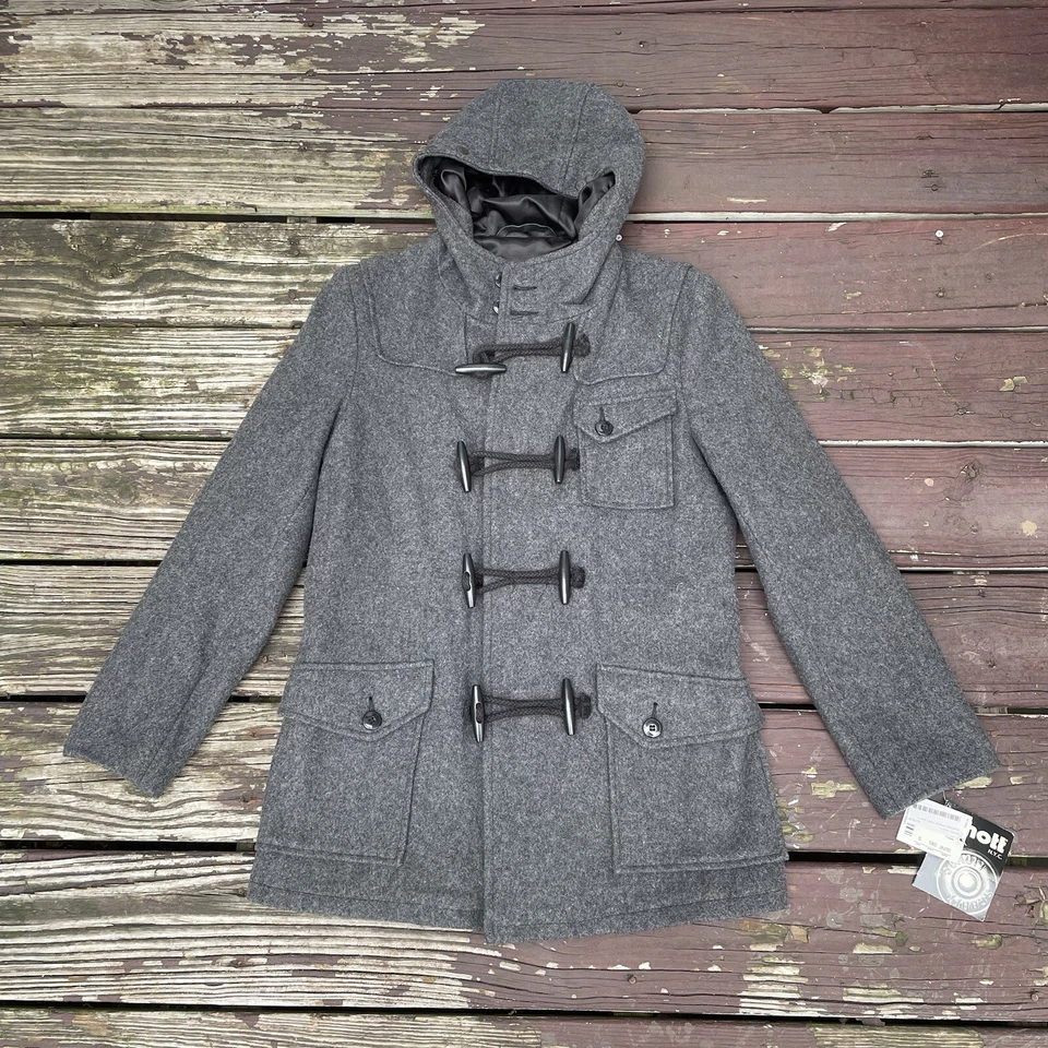 Abrigo Schott NYC Talla S Lana Con Capucha Chaquetón Lona Palanca Botón Gris De Colección Foto 3 de 4