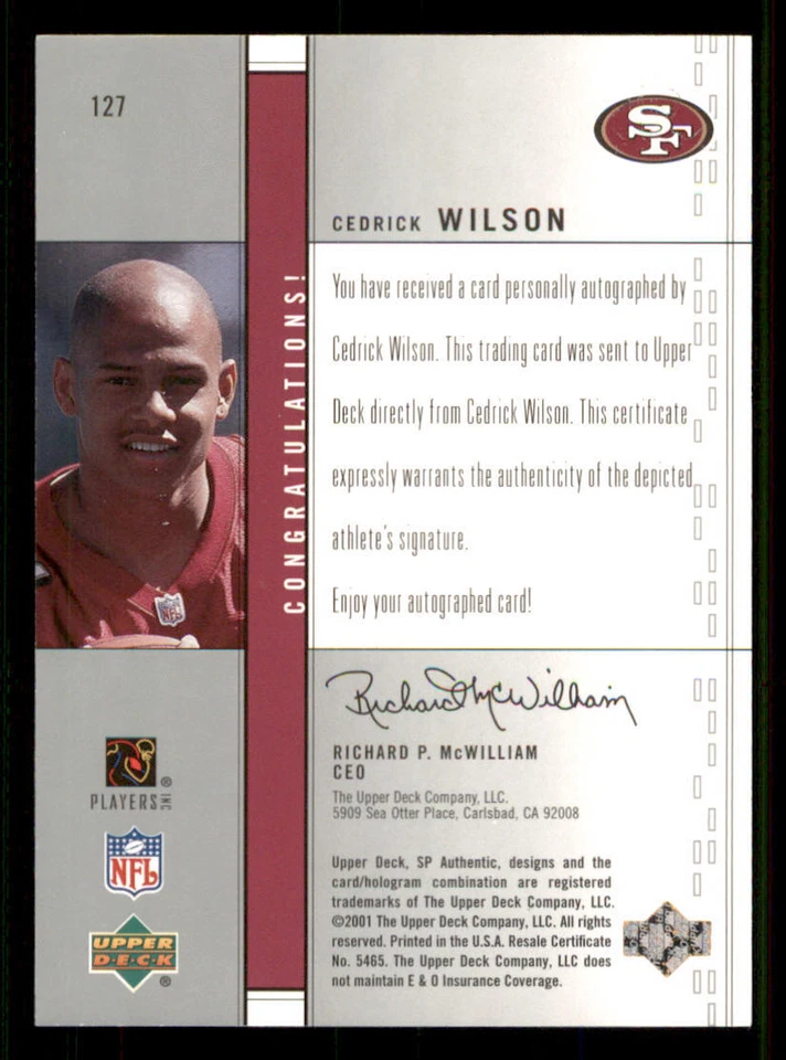 2001 SP Authentic #127 Cedrick Wilson AU RC /550 - Image 2 of 2