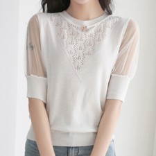 Women Splicing Blouse Tops T-shirt Mesh Knitted Patchwork Half Sleeve Loose