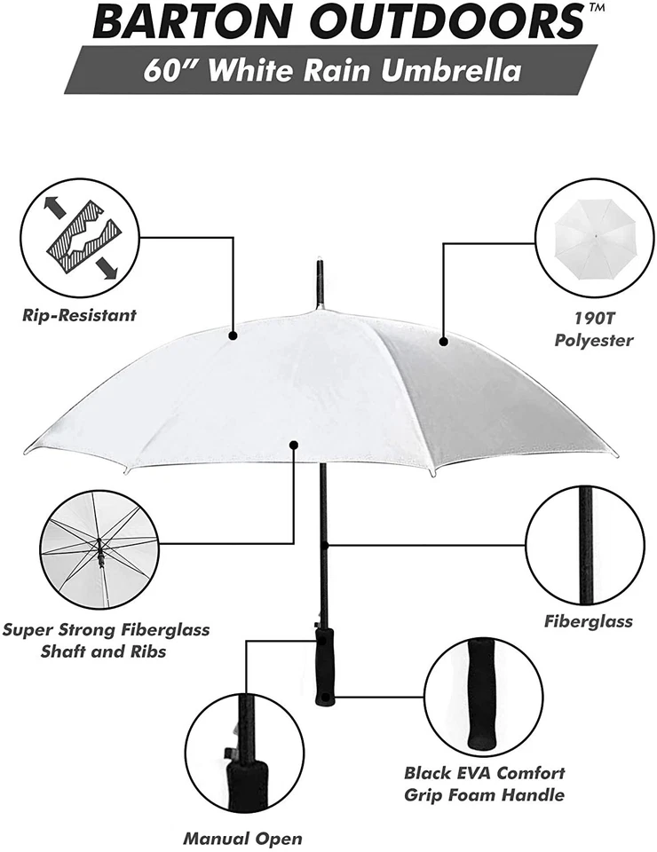 Paraguas de lluvia para exteriores Barton - Blanco - 60" a través - Poliéster resistente al desgarro Foto 2 de 3