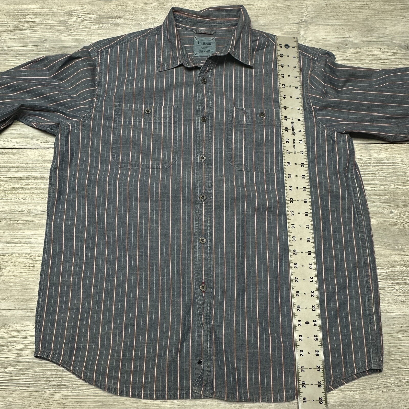 LL Bean Shirt Mens Large Blue Red White Sriped Denim Long Sleeve Button