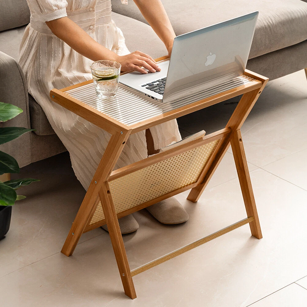 Sofa Side Laptop Desk Z Shaped Bamboo Stand Glass Top Coffee Table Bedside Table