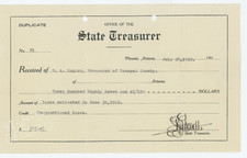 Vintage 1916 Arizona State Treasurer Receipt ...