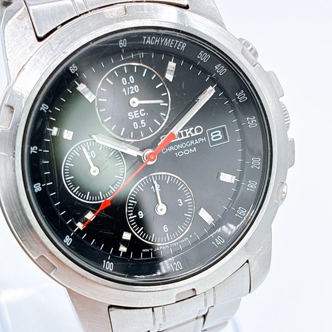 Dial Black Seiko Second Hand 1990s Chronograph Quartz 38mm Men's 7T92-0BF0 Red - vintagewatches.pk