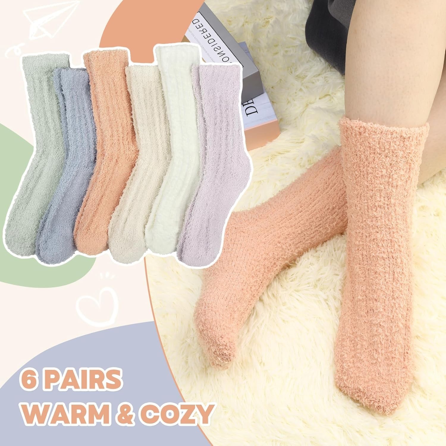 6 Pairs of Plush Women’s Socks - Warm Fluffy Slippers for Cold Weather Comfort