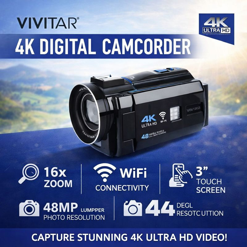 Vivitar 4K Digital Camcorder - 16x Zoom , WIFI, Touch Screen - Black